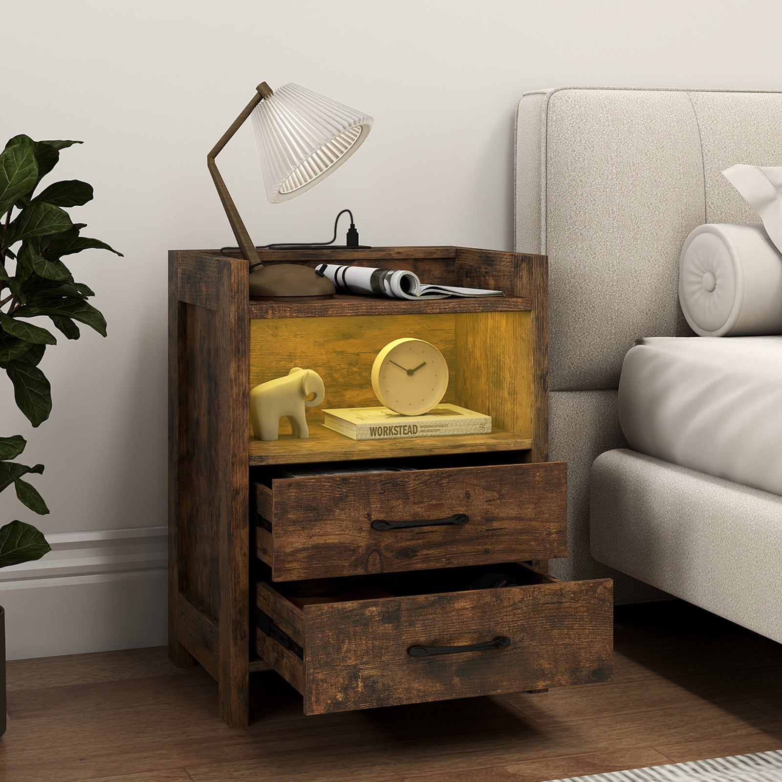 Set of 2 Nightstand with LED Lights and Power Outlets for Living Room-Rustic Brown