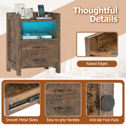 Set of 2 Nightstand with LED Lights and Power Outlets for Living Room-Rustic Brown