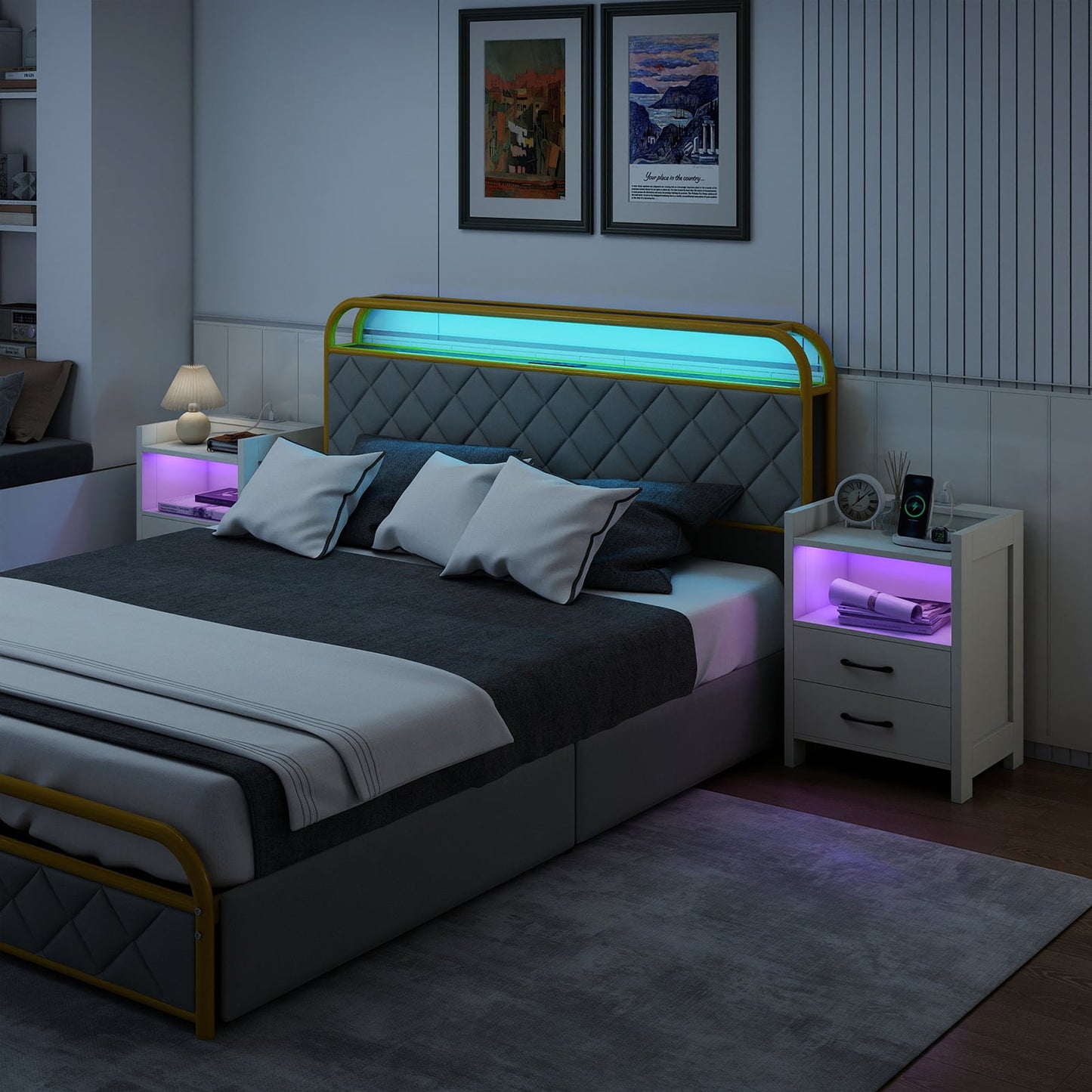Set of 2 Nightstand with LED Lights and Power Outlets for Living Room-White