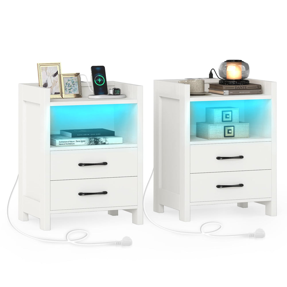 Set of 2 Nightstand with LED Lights and Power Outlets for Living Room-White