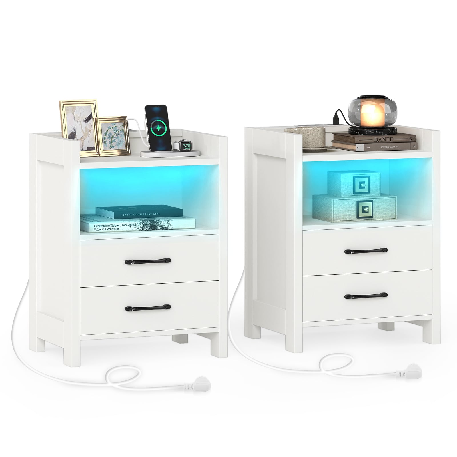 Set of 2 Nightstand with LED Lights and Power Outlets for Living Room-White