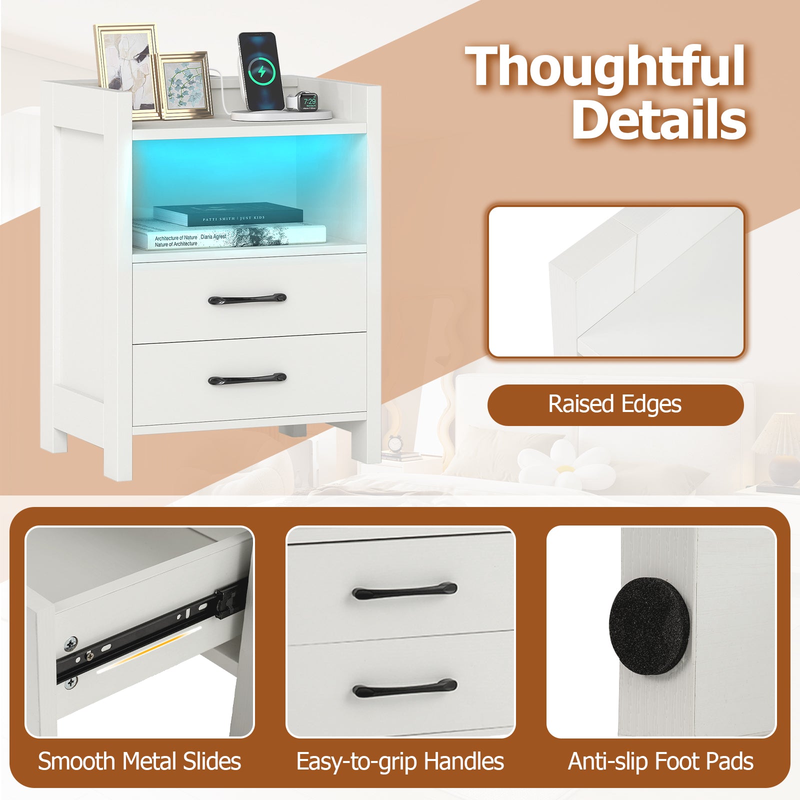 Set of 2 Nightstand with LED Lights and Power Outlets for Living Room-White