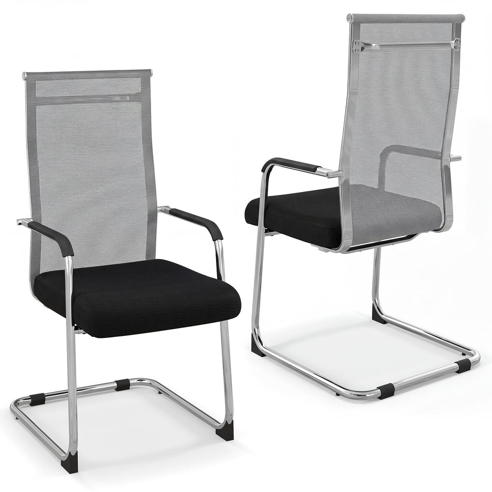 Set of 2 Office Guest Chairs with Metal Sled Base and Armrests-Grey