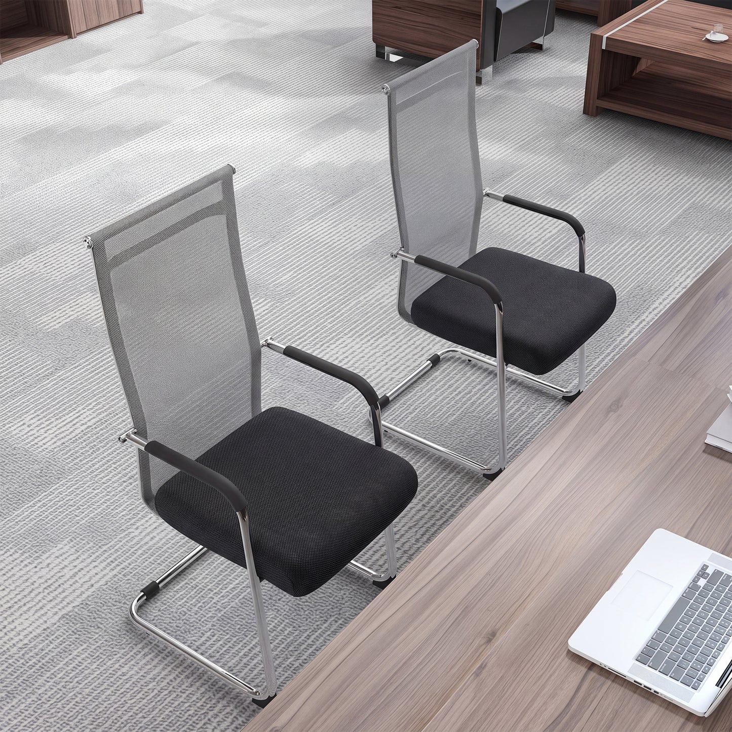 Set of 2 Office Guest Chairs with Metal Sled Base and Armrests-Grey