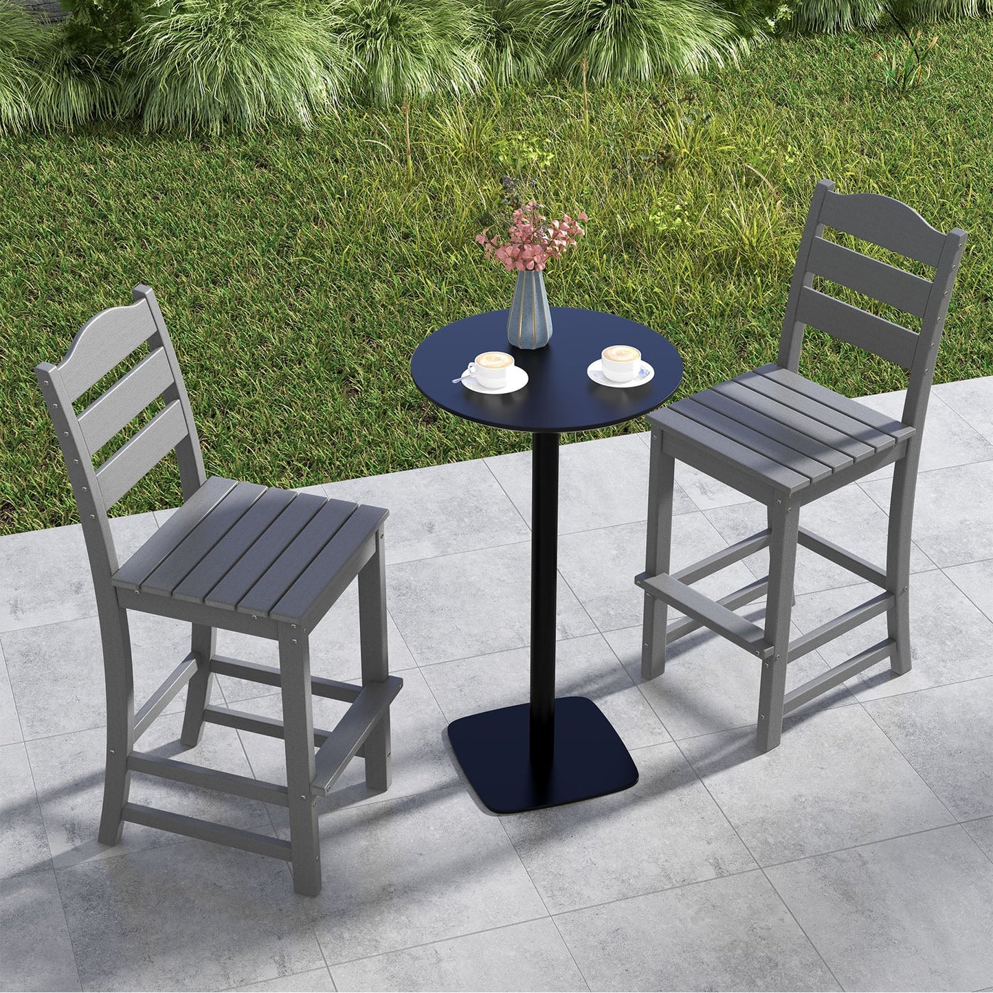 Set of 2 Outdoor HDPE Bar Stool with Backrest and Footrest-Grey
