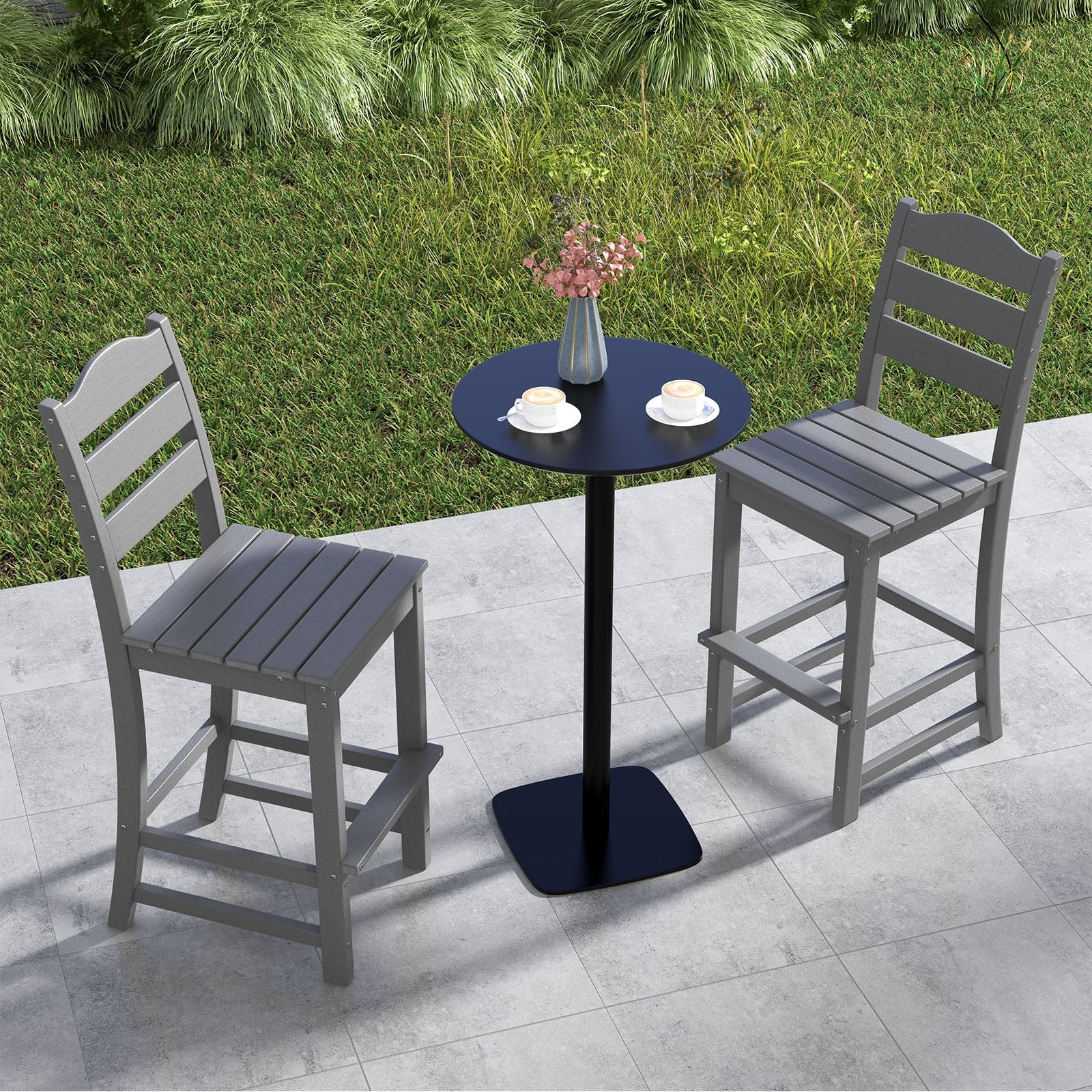 Set of 2 Outdoor HDPE Bar Stool with Backrest and Footrest-Grey