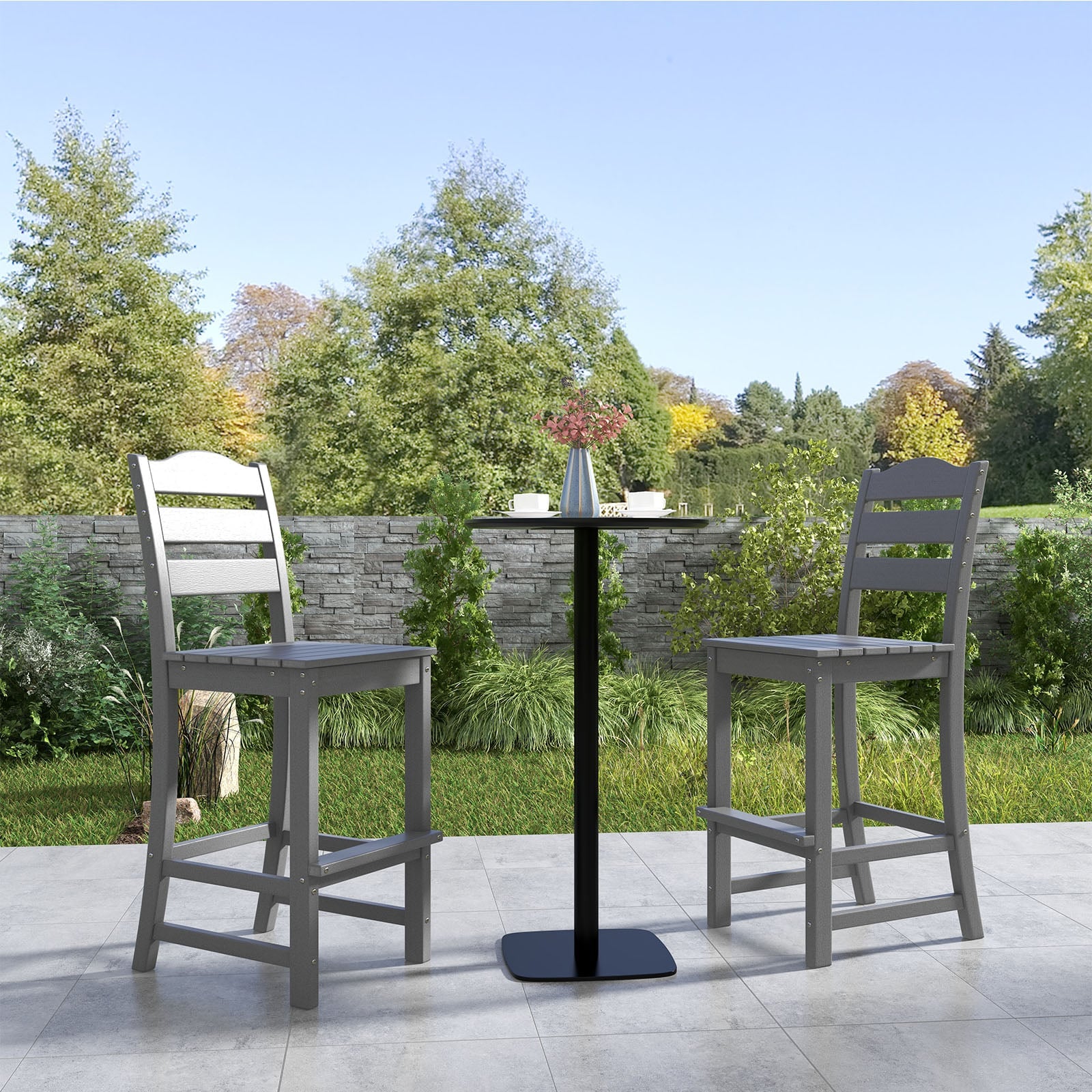 Set of 2 Outdoor HDPE Bar Stool with Backrest and Footrest-Grey