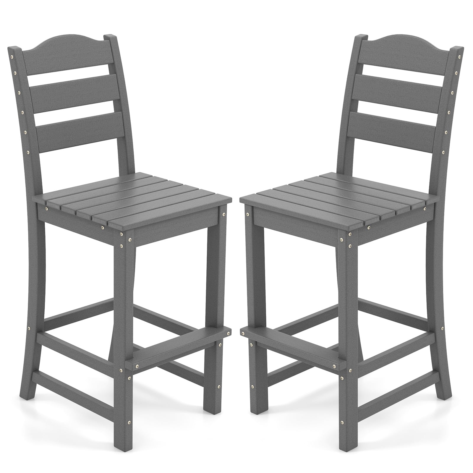 Set of 2 Outdoor HDPE Bar Stool with Backrest and Footrest-Grey