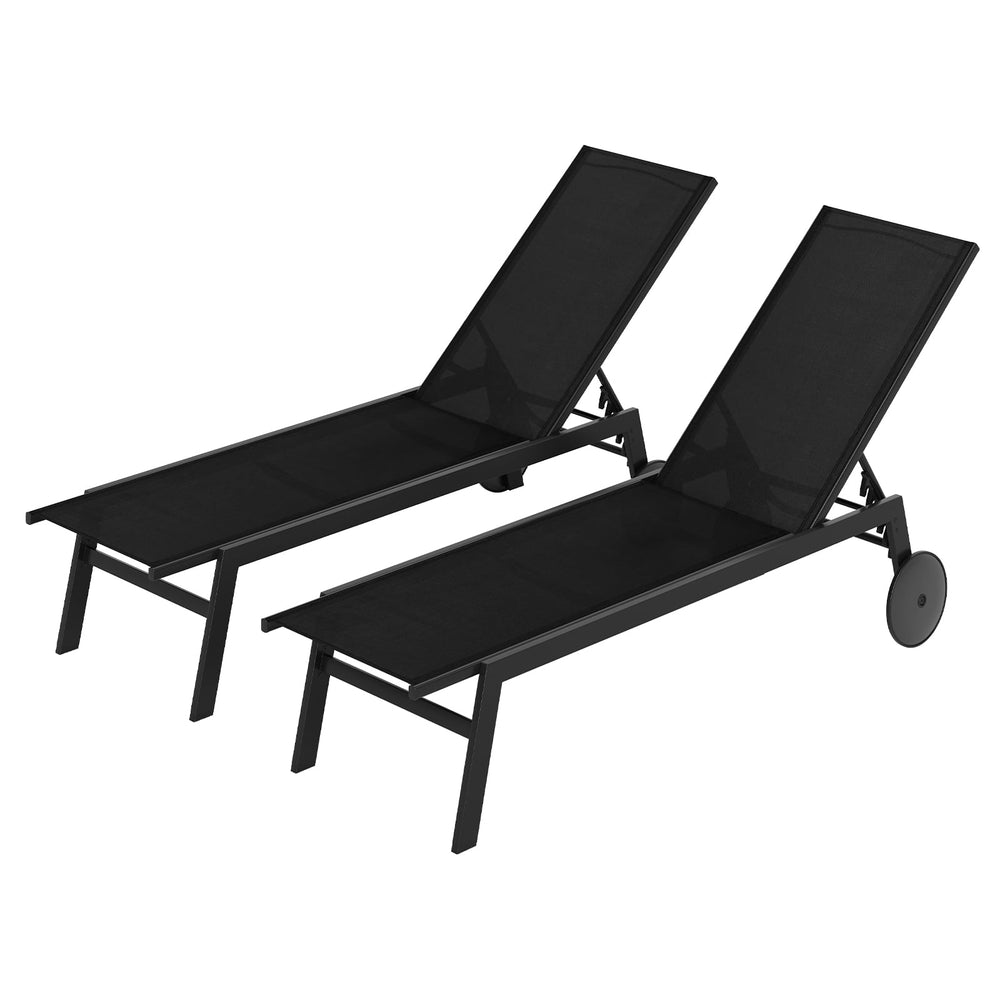 Set of 2 Patio Chaise Lounge Chair with Wheels Outdoor Recliner with 6-Level Adjustable Backrest-Black