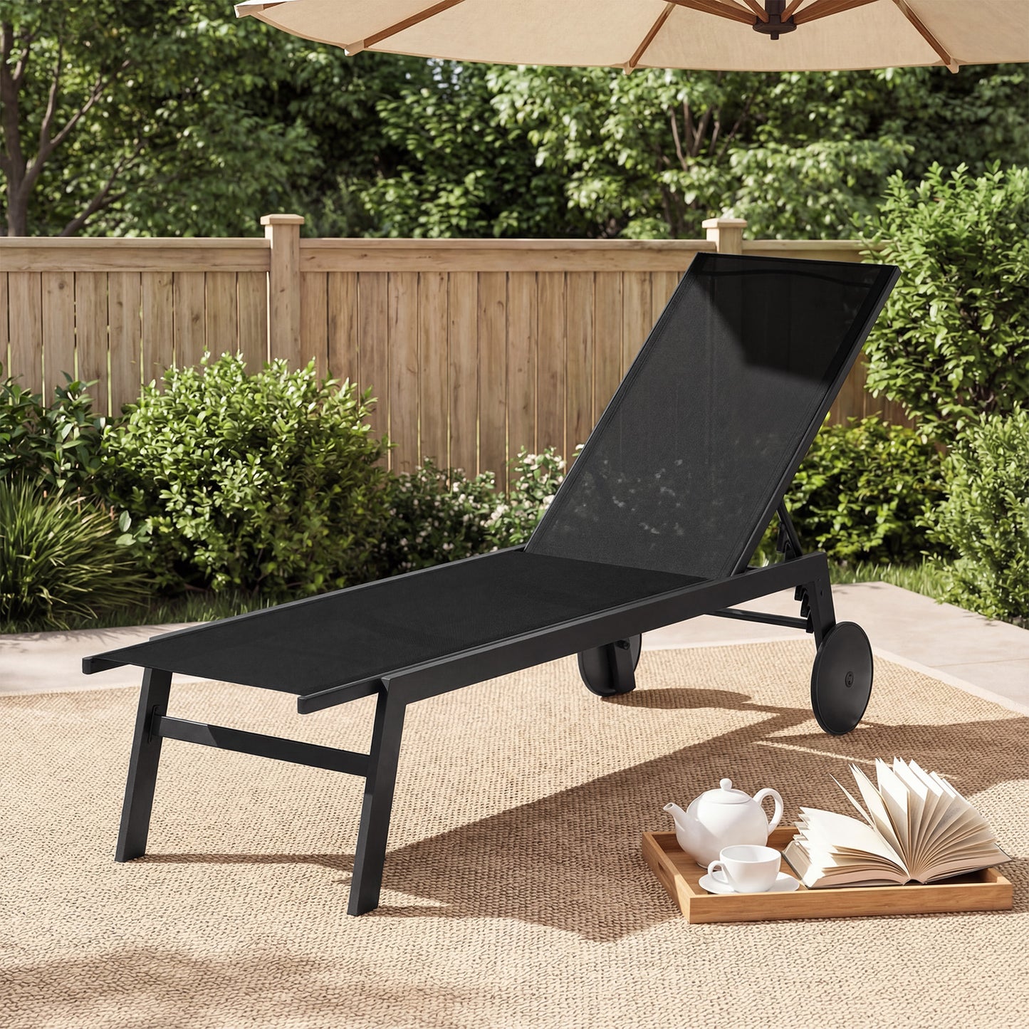Set of 2 Patio Chaise Lounge Chair with Wheels Outdoor Recliner with 6-Level Adjustable Backrest-Black