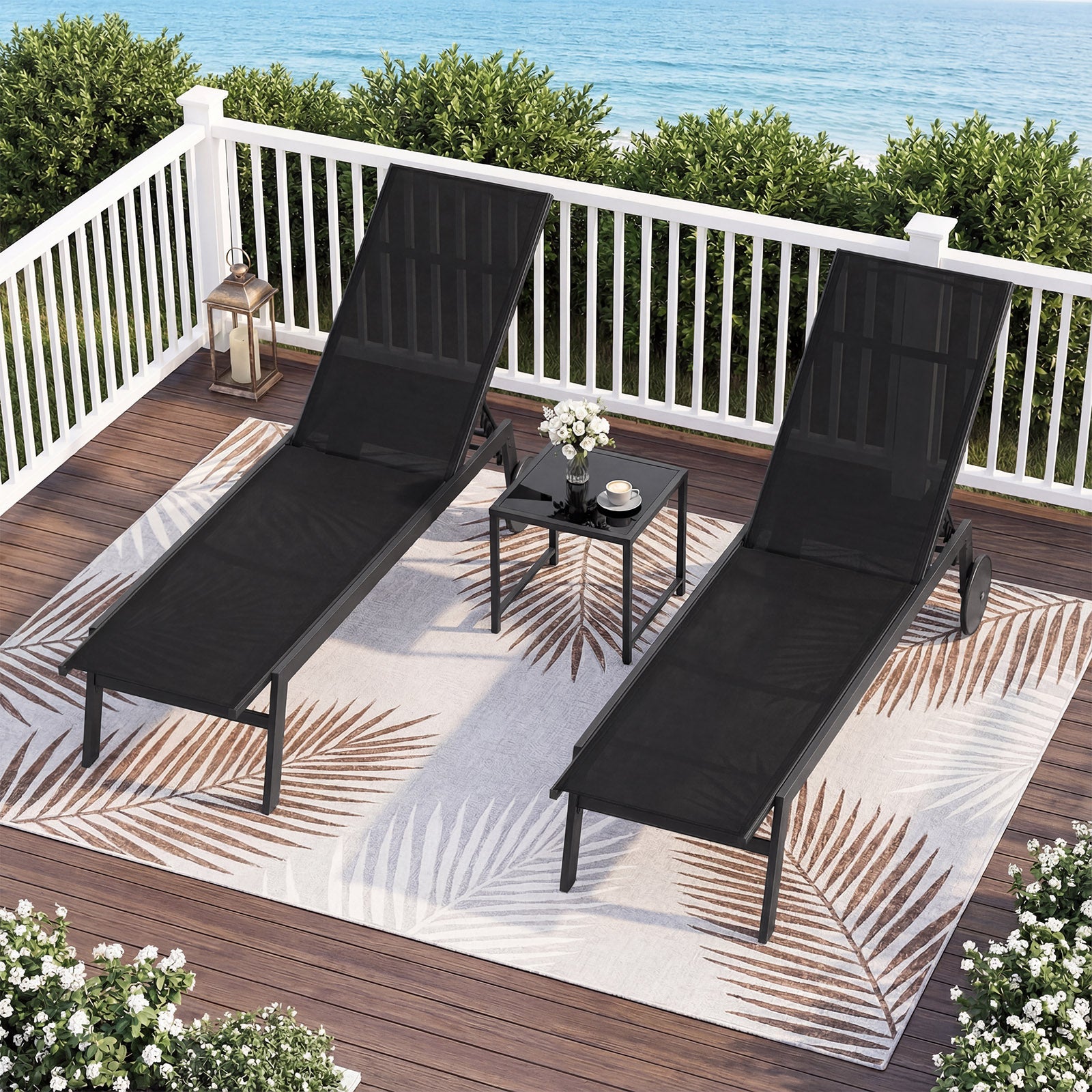 Set of 2 Patio Chaise Lounge Chair with Wheels Outdoor Recliner with 6-Level Adjustable Backrest-Black