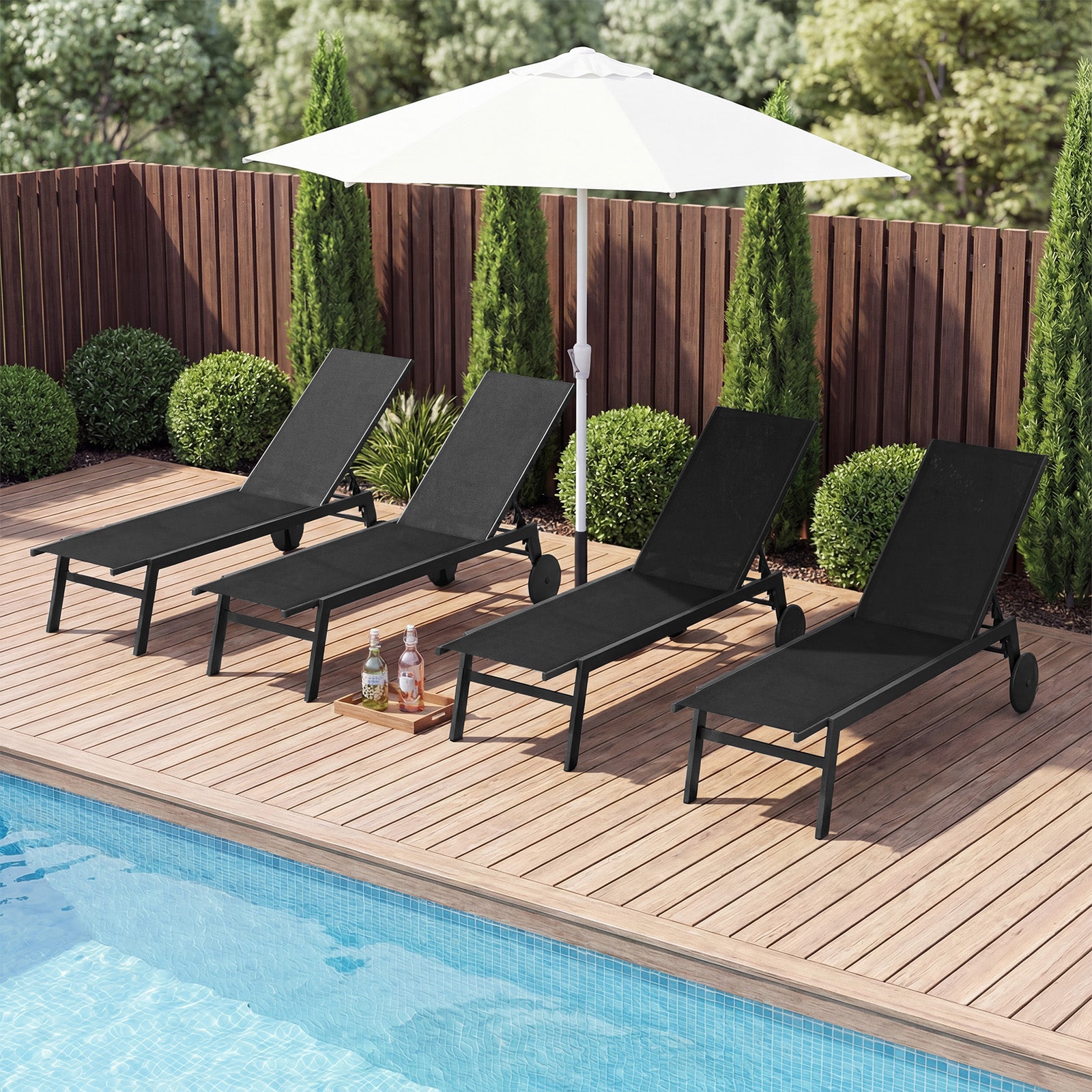 Set of 2 Patio Chaise Lounge Chair with Wheels Outdoor Recliner with 6-Level Adjustable Backrest-Black