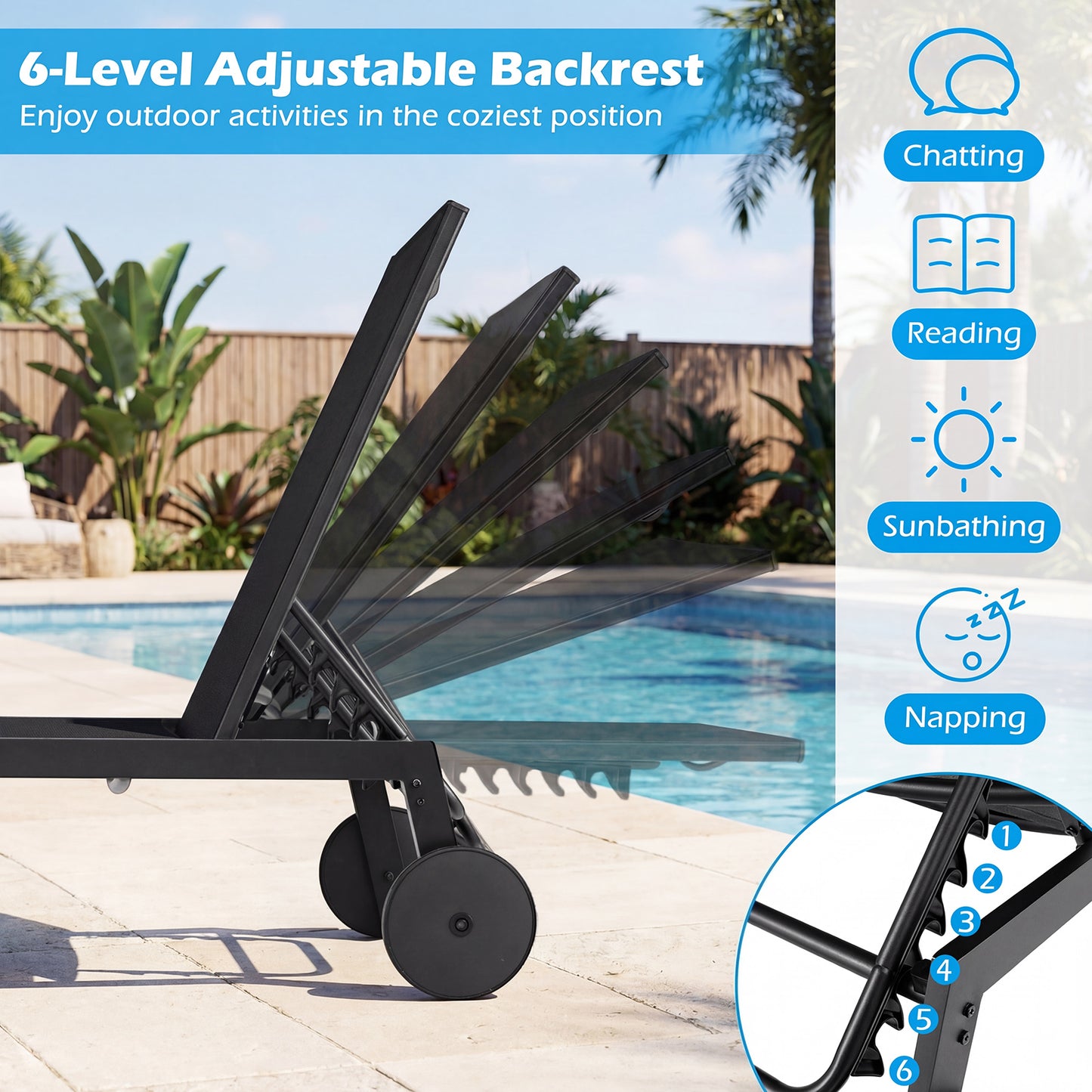 Set of 2 Patio Chaise Lounge Chair with Wheels Outdoor Recliner with 6-Level Adjustable Backrest-Black