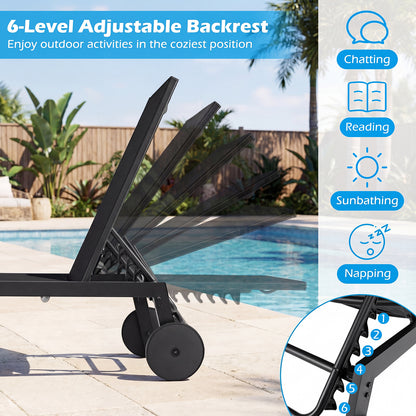 Set of 2 Patio Chaise Lounge Chair with Wheels Outdoor Recliner with 6-Level Adjustable Backrest-Black
