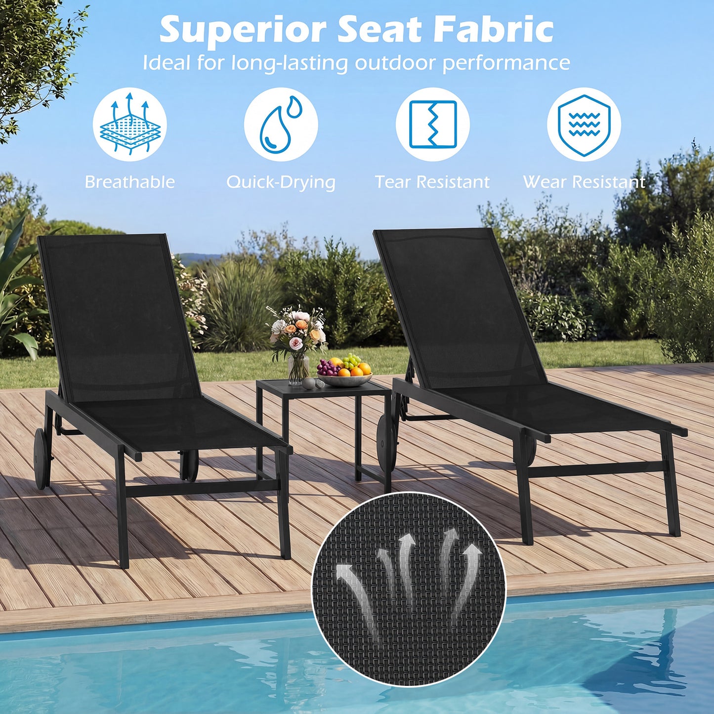 Set of 2 Patio Chaise Lounge Chair with Wheels Outdoor Recliner with 6-Level Adjustable Backrest-Black