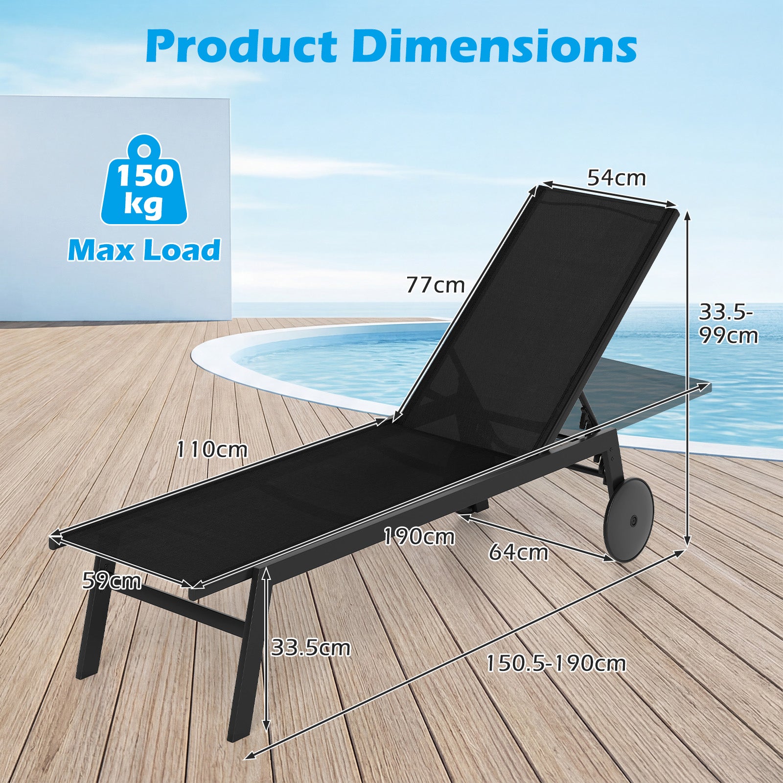 Set of 2 Patio Chaise Lounge Chair with Wheels Outdoor Recliner with 6-Level Adjustable Backrest-Black