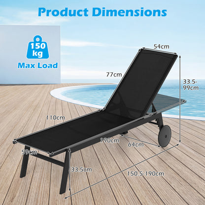 Set of 2 Patio Chaise Lounge Chair with Wheels Outdoor Recliner with 6-Level Adjustable Backrest-Black