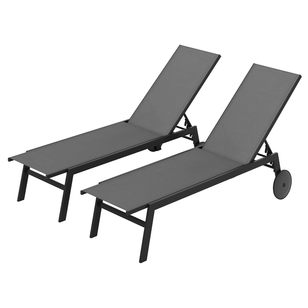 Set of 2 Patio Chaise Lounge Chair with Wheels Outdoor Recliner with 6-Level Adjustable Backrest-Grey