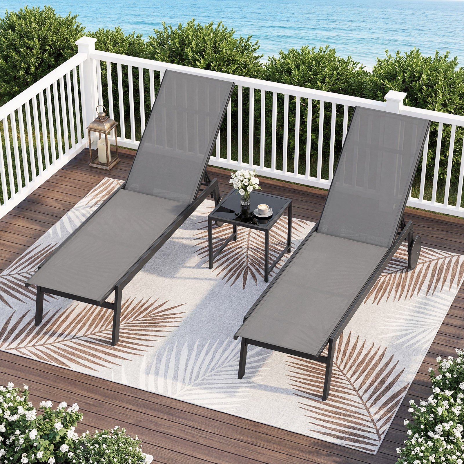Set of 2 Patio Chaise Lounge Chair with Wheels Outdoor Recliner with 6-Level Adjustable Backrest-Grey