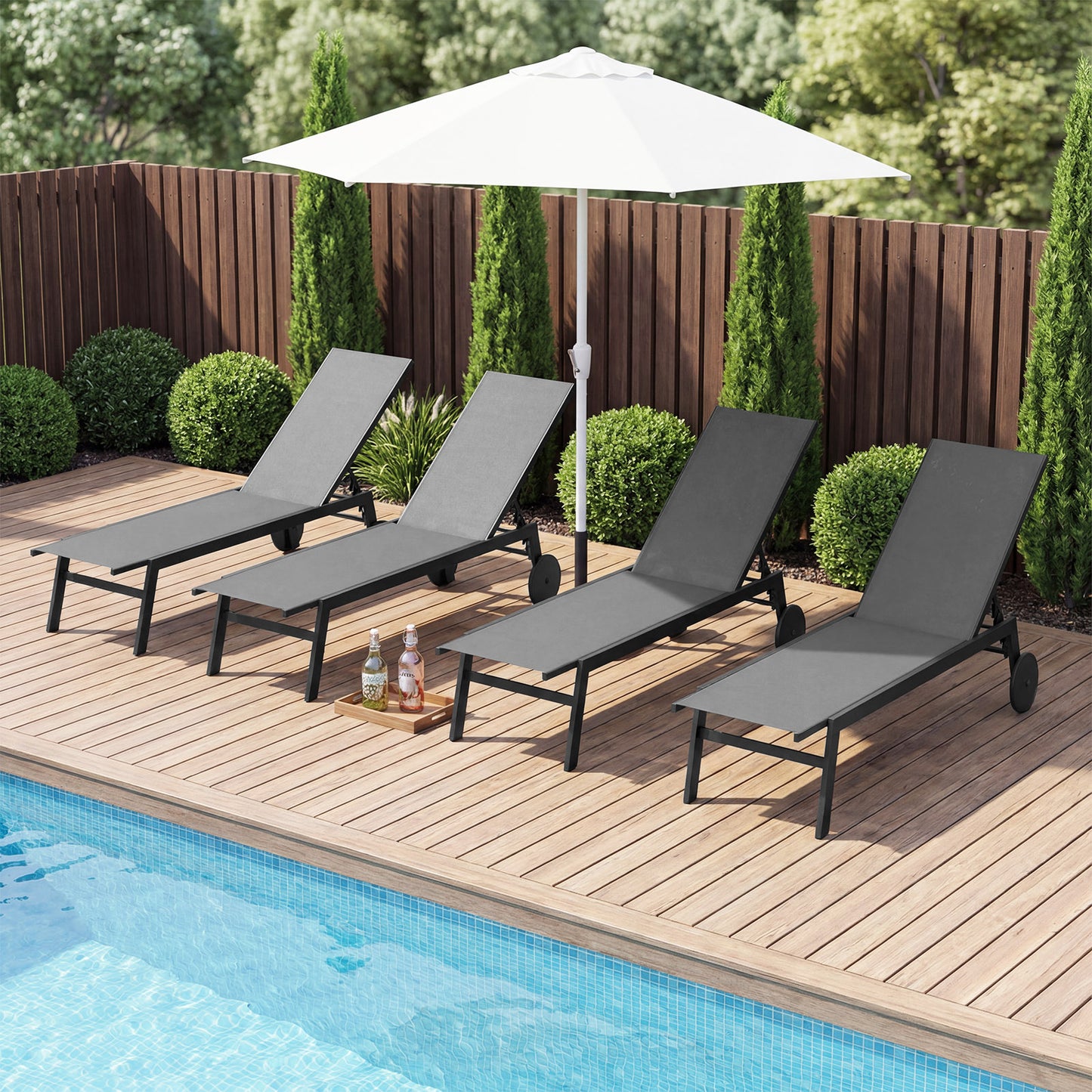 Set of 2 Patio Chaise Lounge Chair with Wheels Outdoor Recliner with 6-Level Adjustable Backrest-Grey