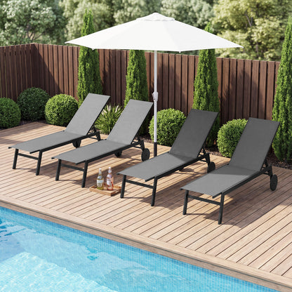Set of 2 Patio Chaise Lounge Chair with Wheels Outdoor Recliner with 6-Level Adjustable Backrest-Grey