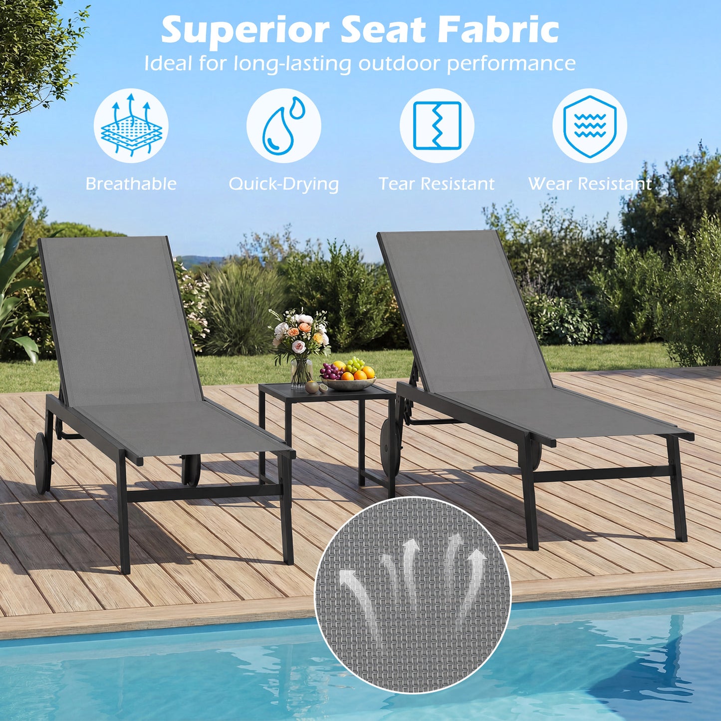 Set of 2 Patio Chaise Lounge Chair with Wheels Outdoor Recliner with 6-Level Adjustable Backrest-Grey