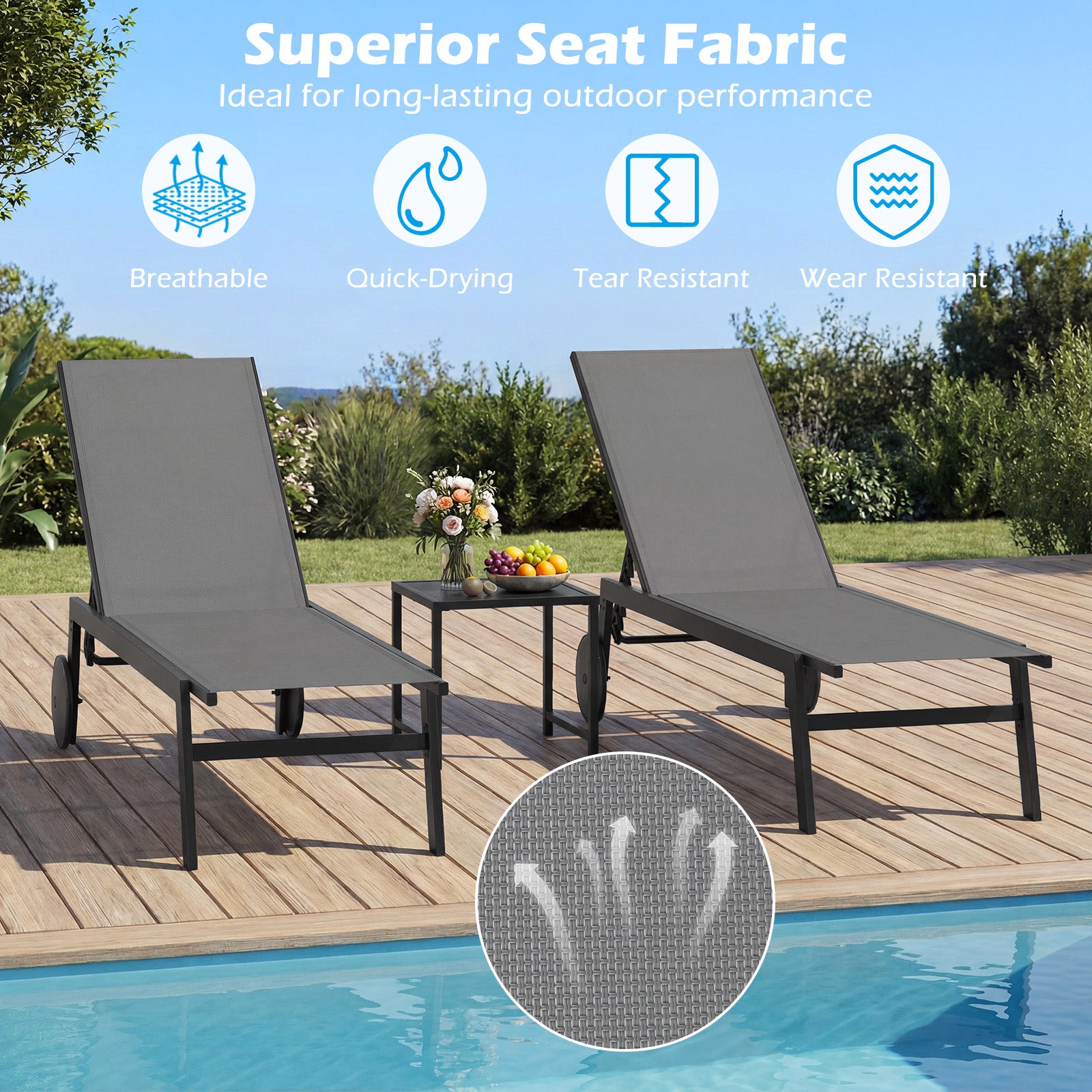 Set of 2 Patio Chaise Lounge Chair with Wheels Outdoor Recliner with 6-Level Adjustable Backrest-Grey