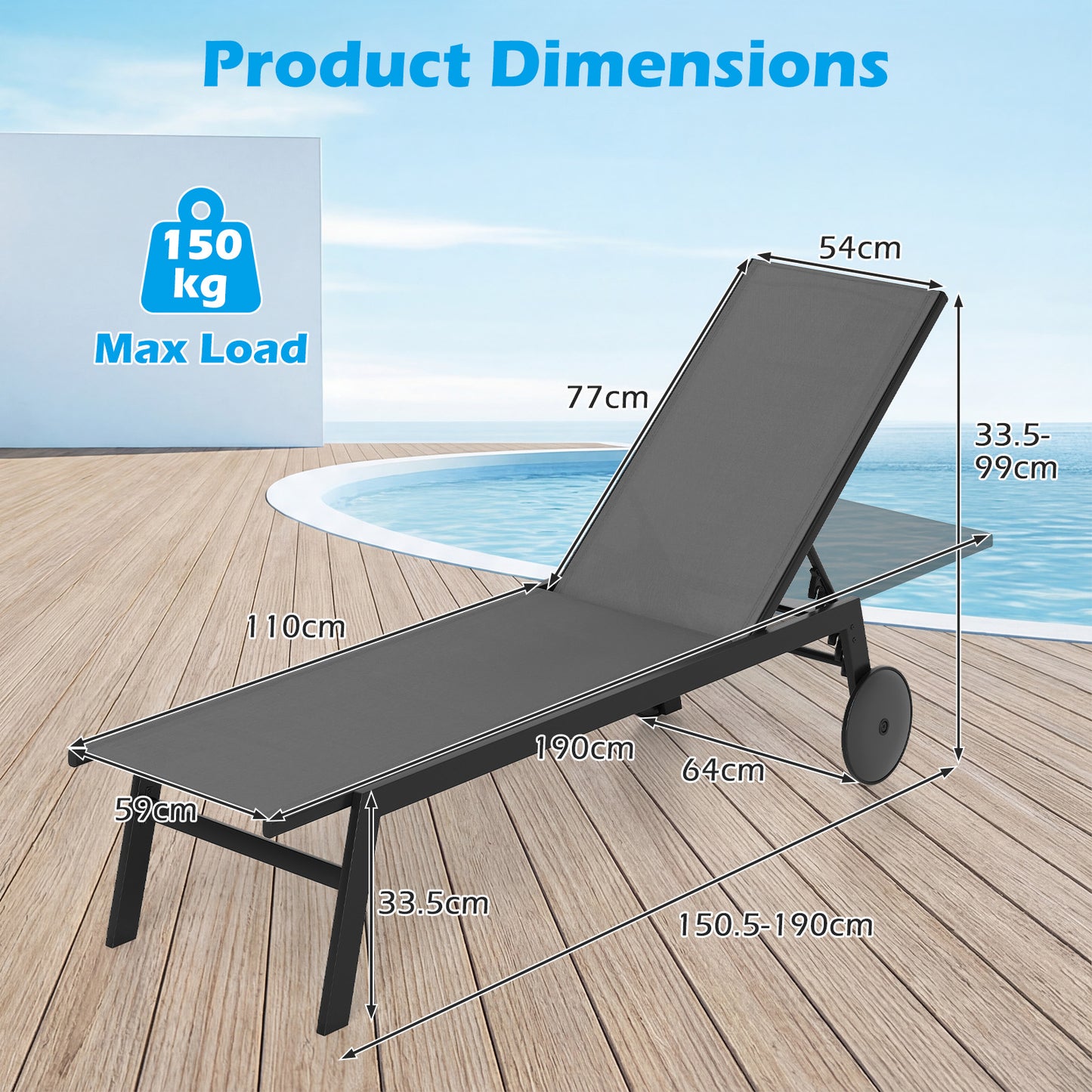 Set of 2 Patio Chaise Lounge Chair with Wheels Outdoor Recliner with 6-Level Adjustable Backrest-Grey