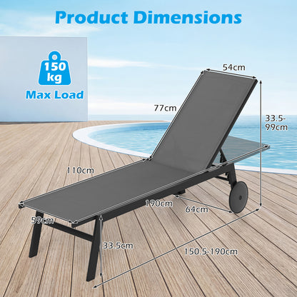 Set of 2 Patio Chaise Lounge Chair with Wheels Outdoor Recliner with 6-Level Adjustable Backrest-Grey