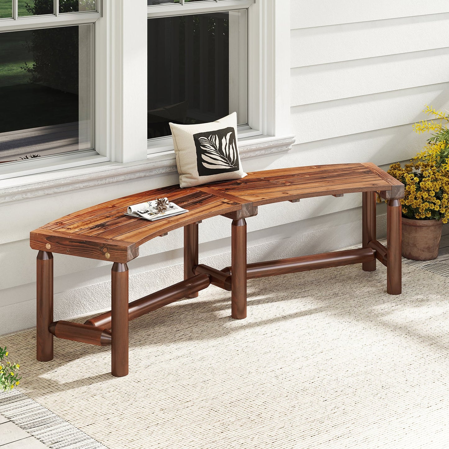 Set of 2 Patio Curved Bench Solid Wood Fire Pit Bench for 2-3 People Outdoor Backless Loveseat-Brown