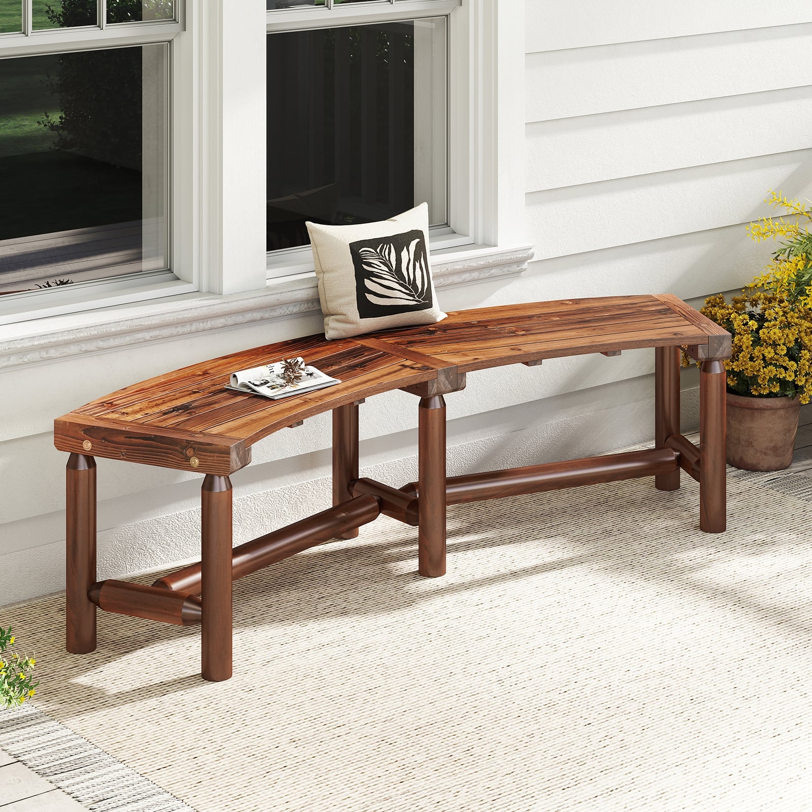 Set of 2 Patio Curved Bench Solid Wood Fire Pit Bench for 2-3 People Outdoor Backless Loveseat-Brown