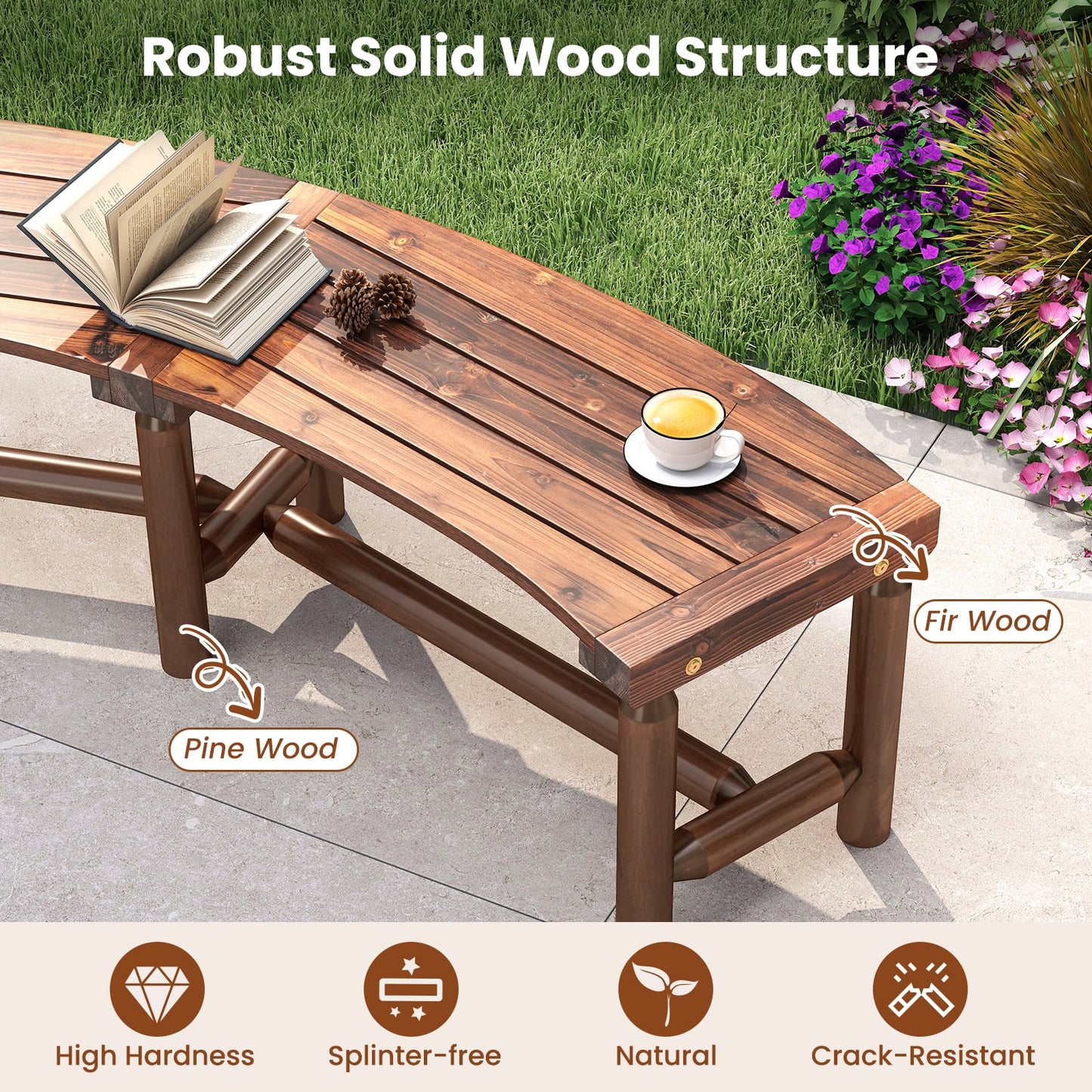 Set of 2 Patio Curved Bench Solid Wood Fire Pit Bench for 2-3 People Outdoor Backless Loveseat-Brown