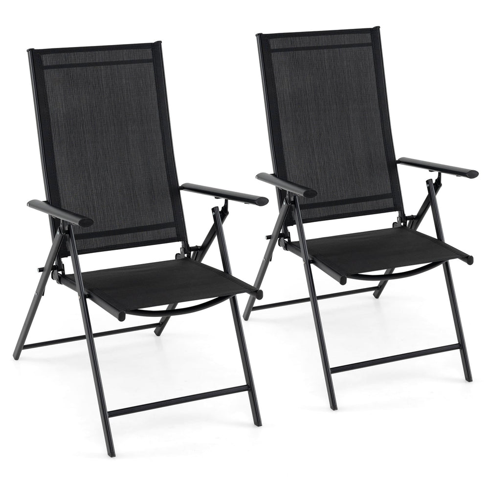 Set of 2 Patio Folding Chairs Adjustable with Breathable Fabric Seats-Black