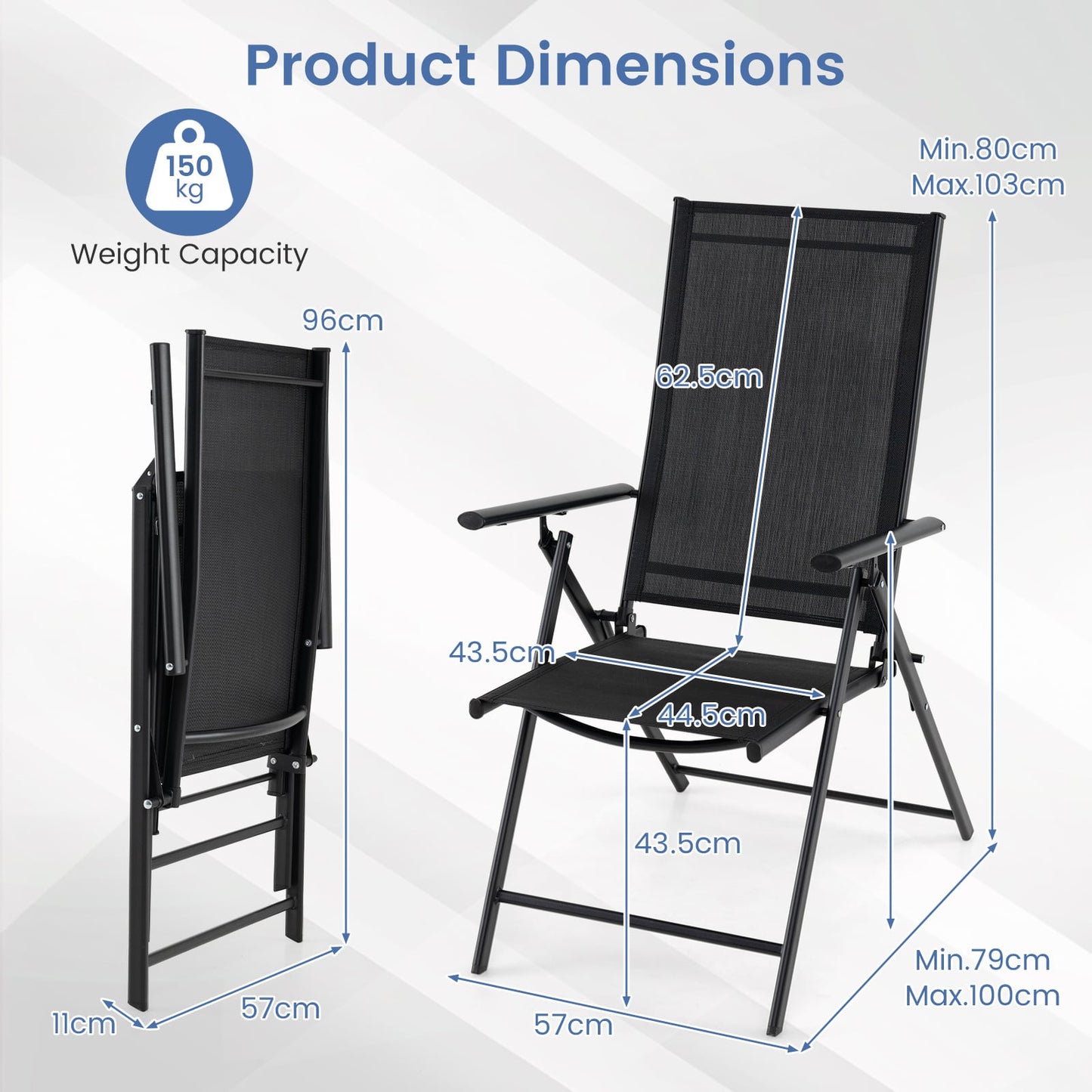 Set of 2 Patio Folding Chairs Adjustable with Breathable Fabric Seats-Black
