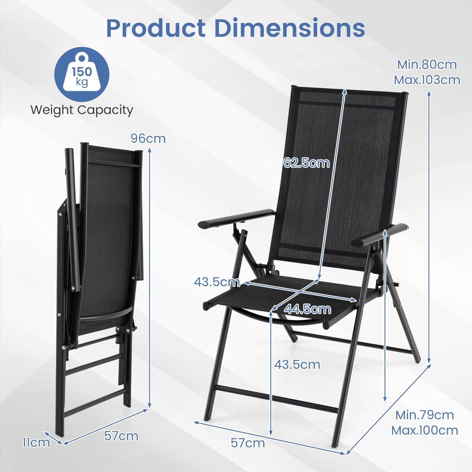 Set of 2 Patio Folding Chairs Adjustable with Breathable Fabric Seats-Black
