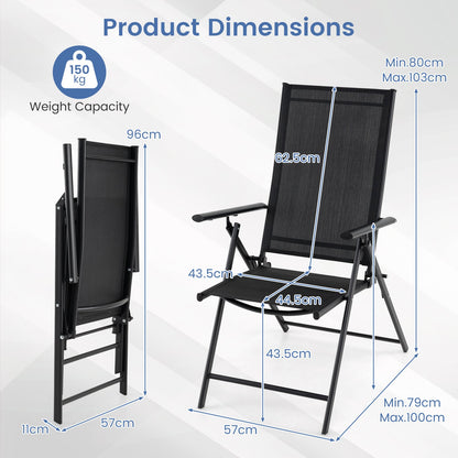 Set of 2 Patio Folding Chairs Adjustable with Breathable Fabric Seats-Black