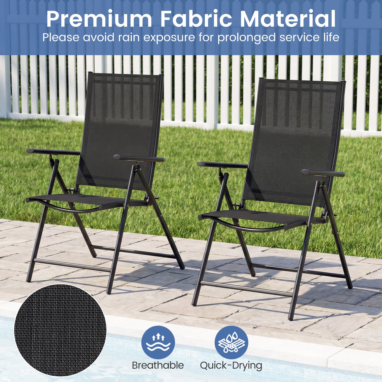 Set of 2 Patio Folding Chairs Adjustable with Breathable Fabric Seats-Black