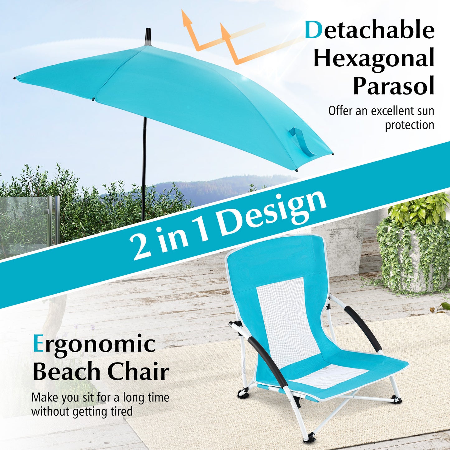 Set of 2 Portable Beach Umbrella Chair with Adjustable Parasol