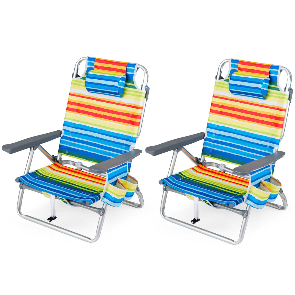 Set of 2 PortableBeach Chairs with 5-Position Backrest and Padded Headrest-Multicolor
