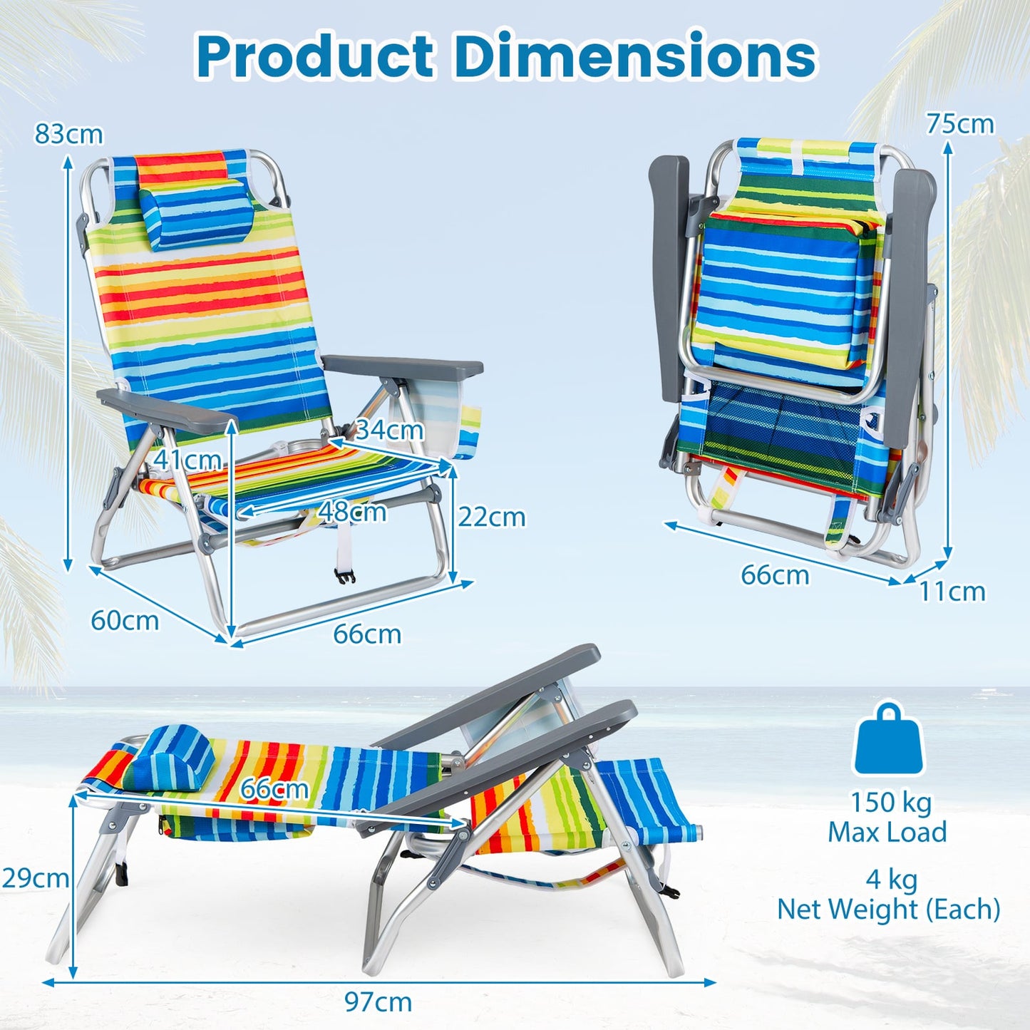 Set of 2 PortableBeach Chairs with 5-Position Backrest and Padded Headrest-Multicolor