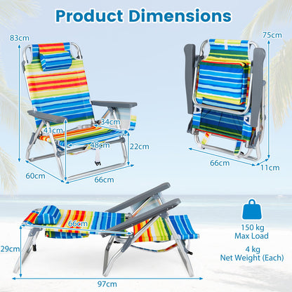 Set of 2 PortableBeach Chairs with 5-Position Backrest and Padded Headrest-Multicolor