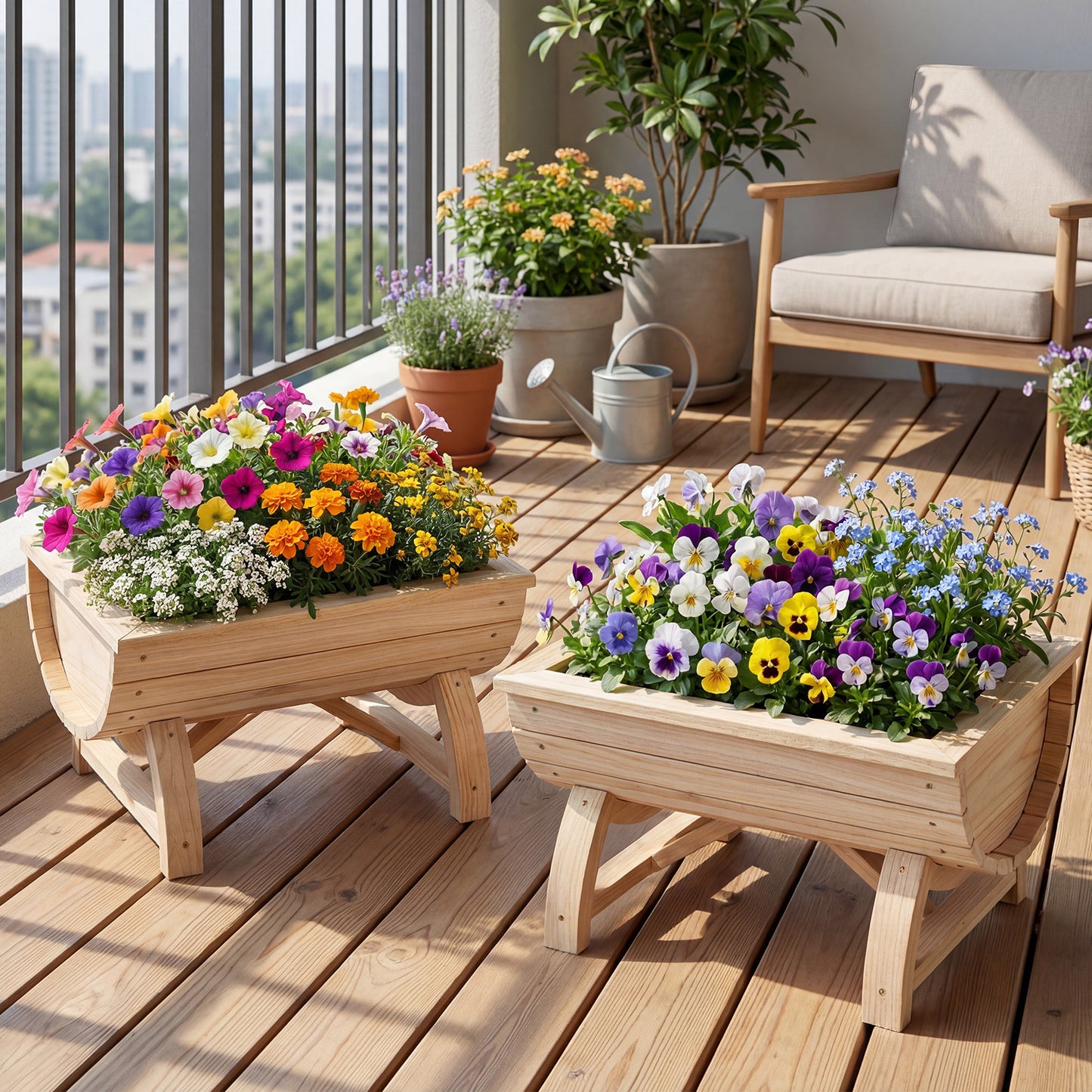 Set of 2 Raised Wood Garden Beds with Legs and Drainage Hole for Vegetables-Natural