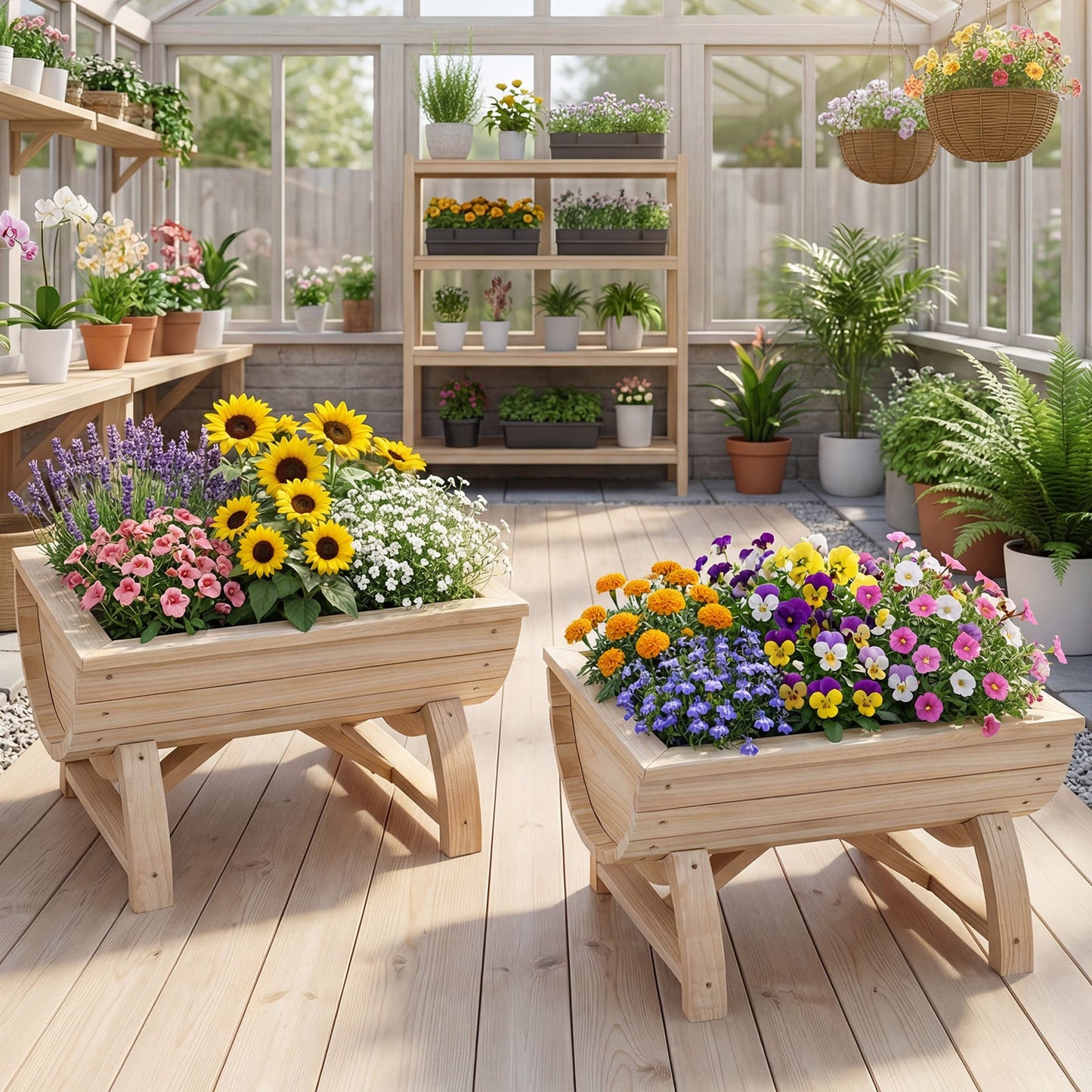 Set of 2 Raised Wood Garden Beds with Legs and Drainage Hole for Vegetables-Natural