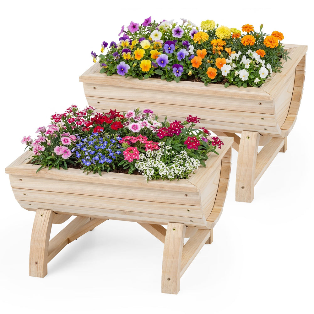 Set of 2 Raised Wood Garden Beds with Legs and Drainage Hole for Vegetables-Natural