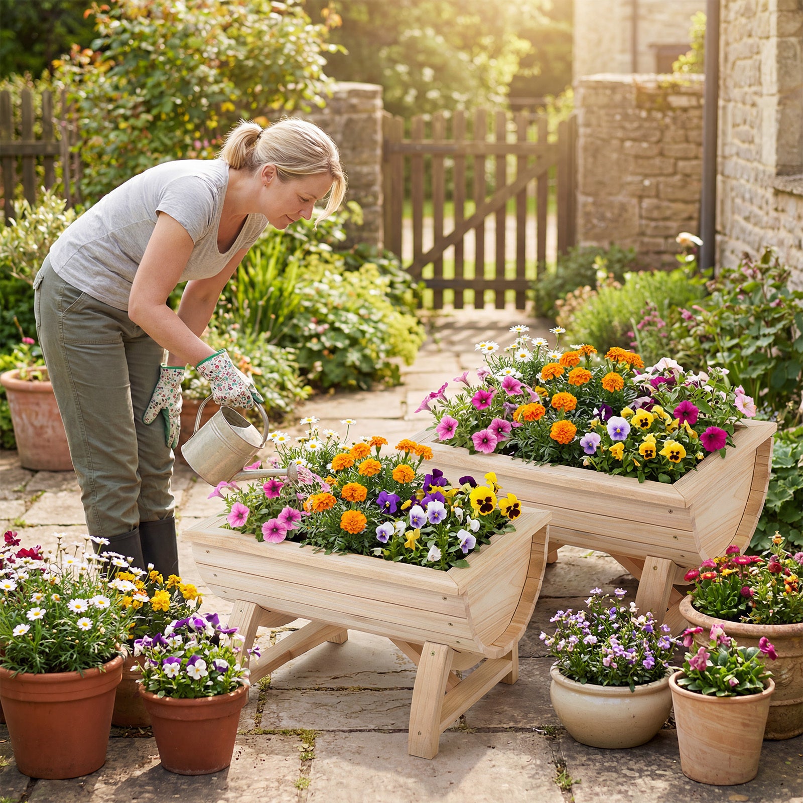 Set of 2 Raised Wood Garden Beds with Legs and Drainage Hole for Vegetables-Natural