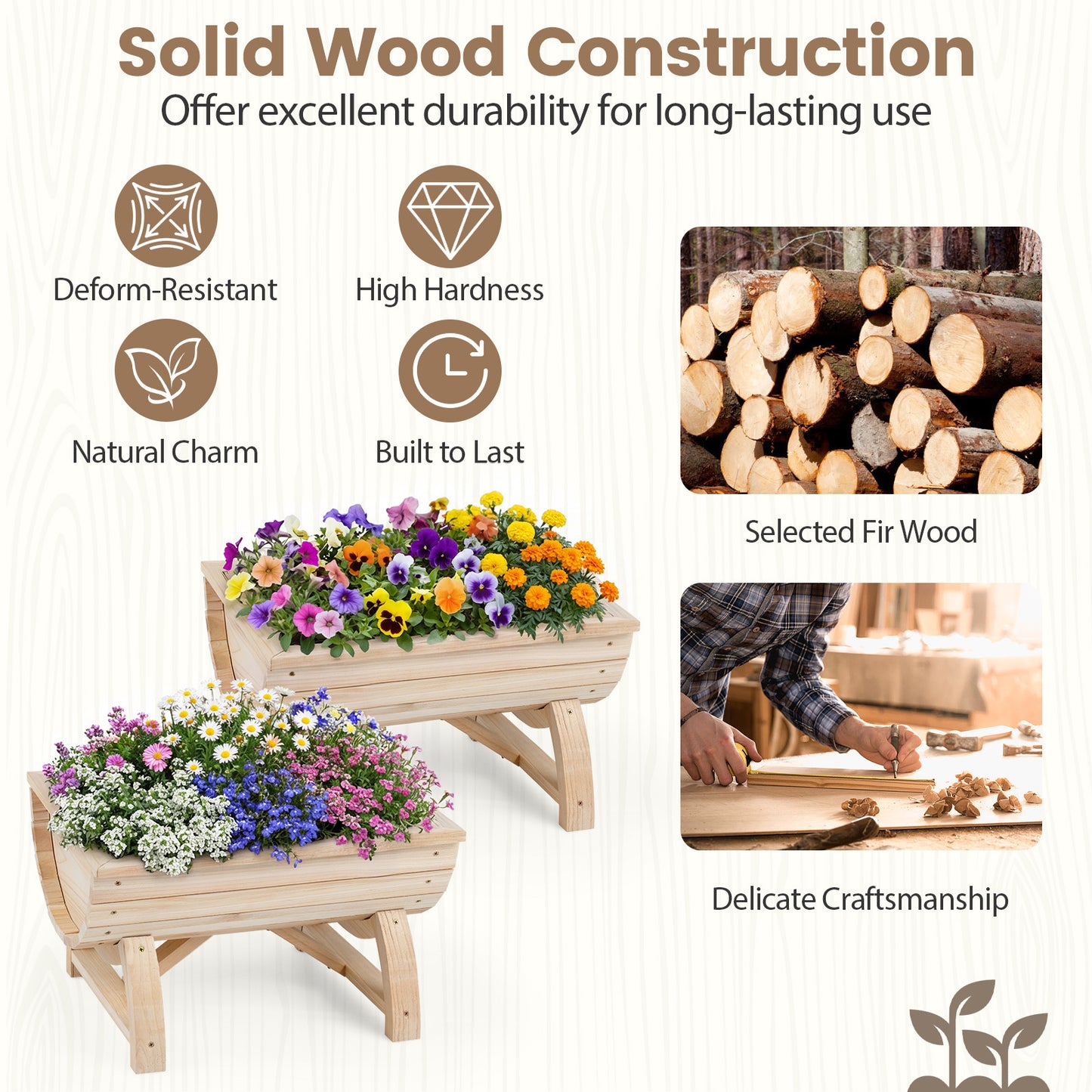 Set of 2 Raised Wood Garden Beds with Legs and Drainage Hole for Vegetables-Natural
