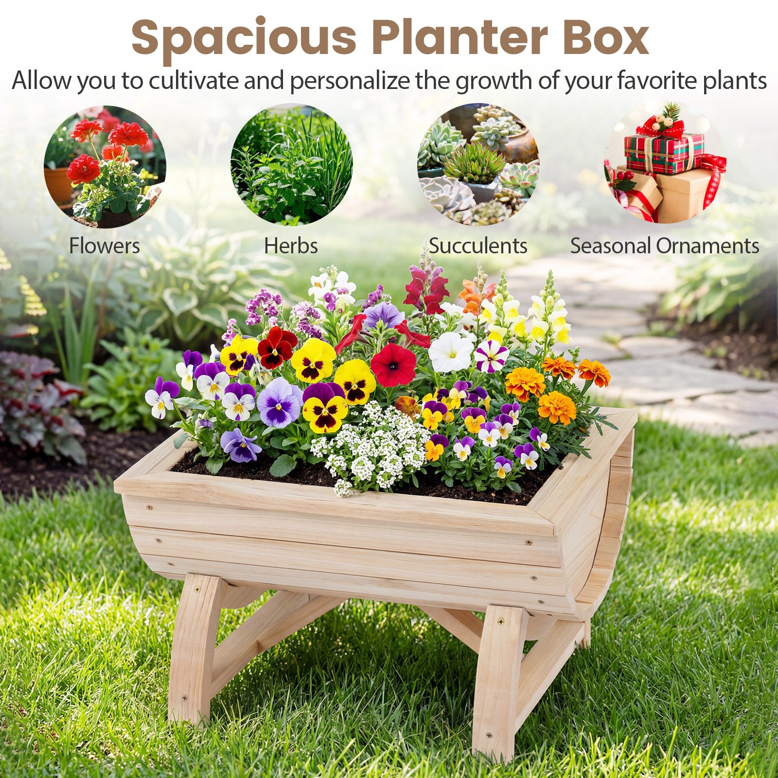 Set of 2 Raised Wood Garden Beds with Legs and Drainage Hole for Vegetables-Natural