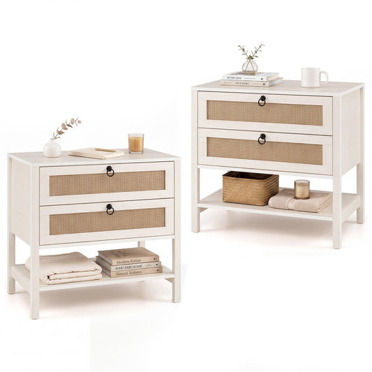Set of 2 Rattan Nightstand 68 cm with 2 Drawers for Living Room Bedroom-White