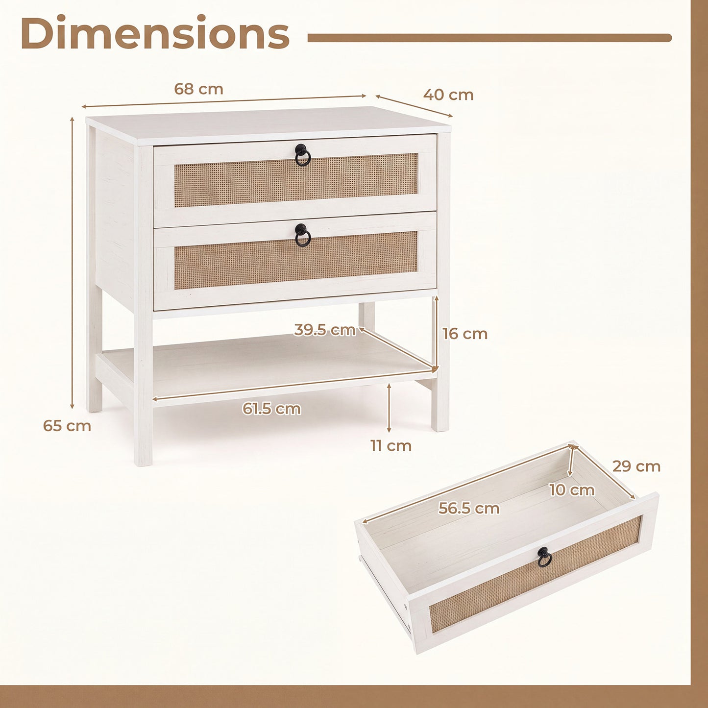 Set of 2 Rattan Nightstand 68 cm with 2 Drawers for Living Room Bedroom-White