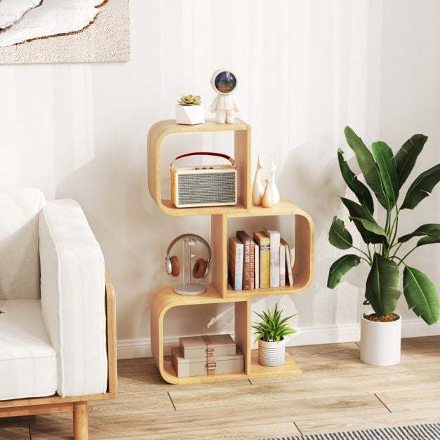 Set of 2 S-Shaped Bookcase Bamboo Bookshelf with 2 Open Cubes-3-Tier